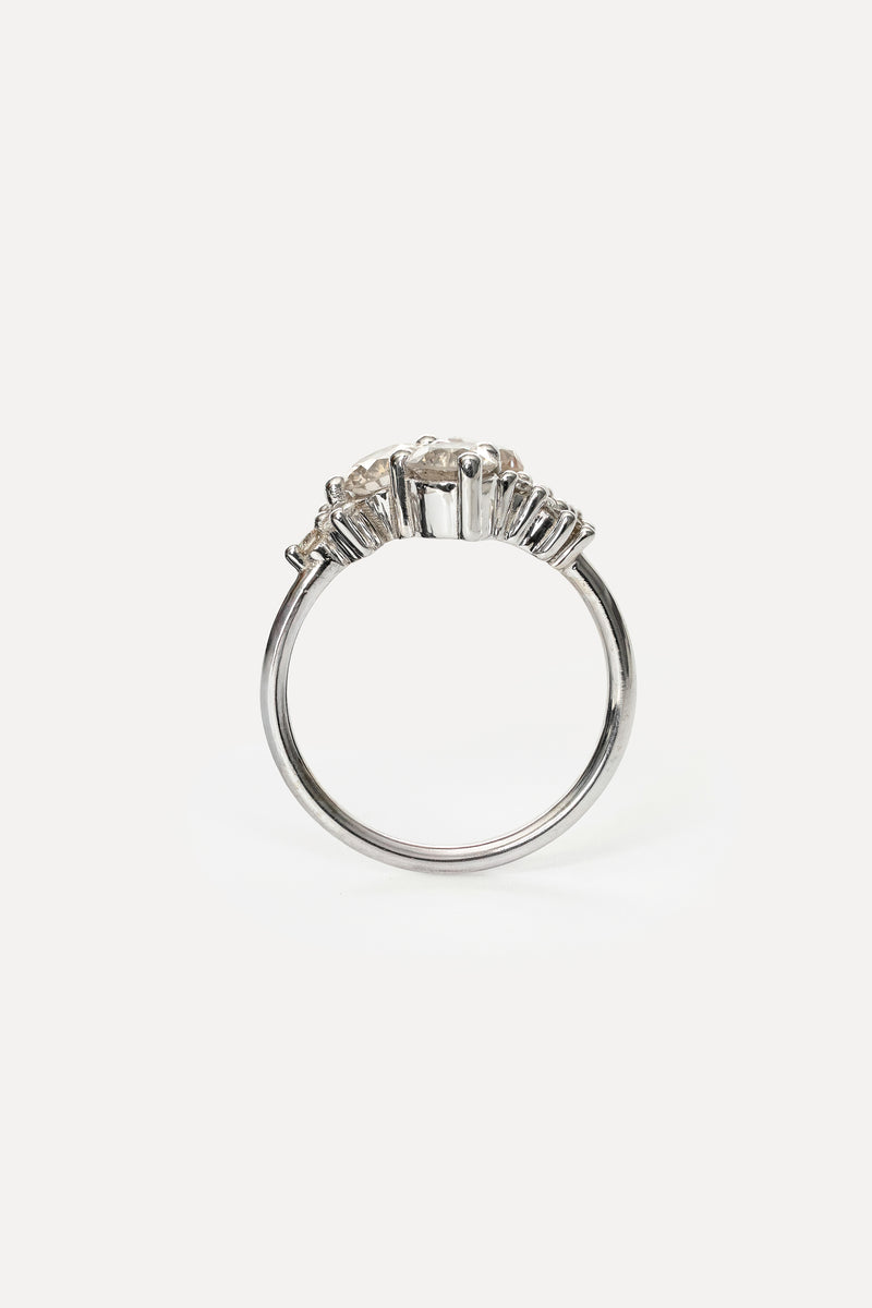 Profile view of a white gold ring with a cluster of prong set diamonds on a white background