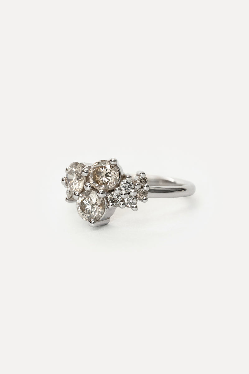 Side view of a white gold ring with a cluster of prong set diamonds on a white background