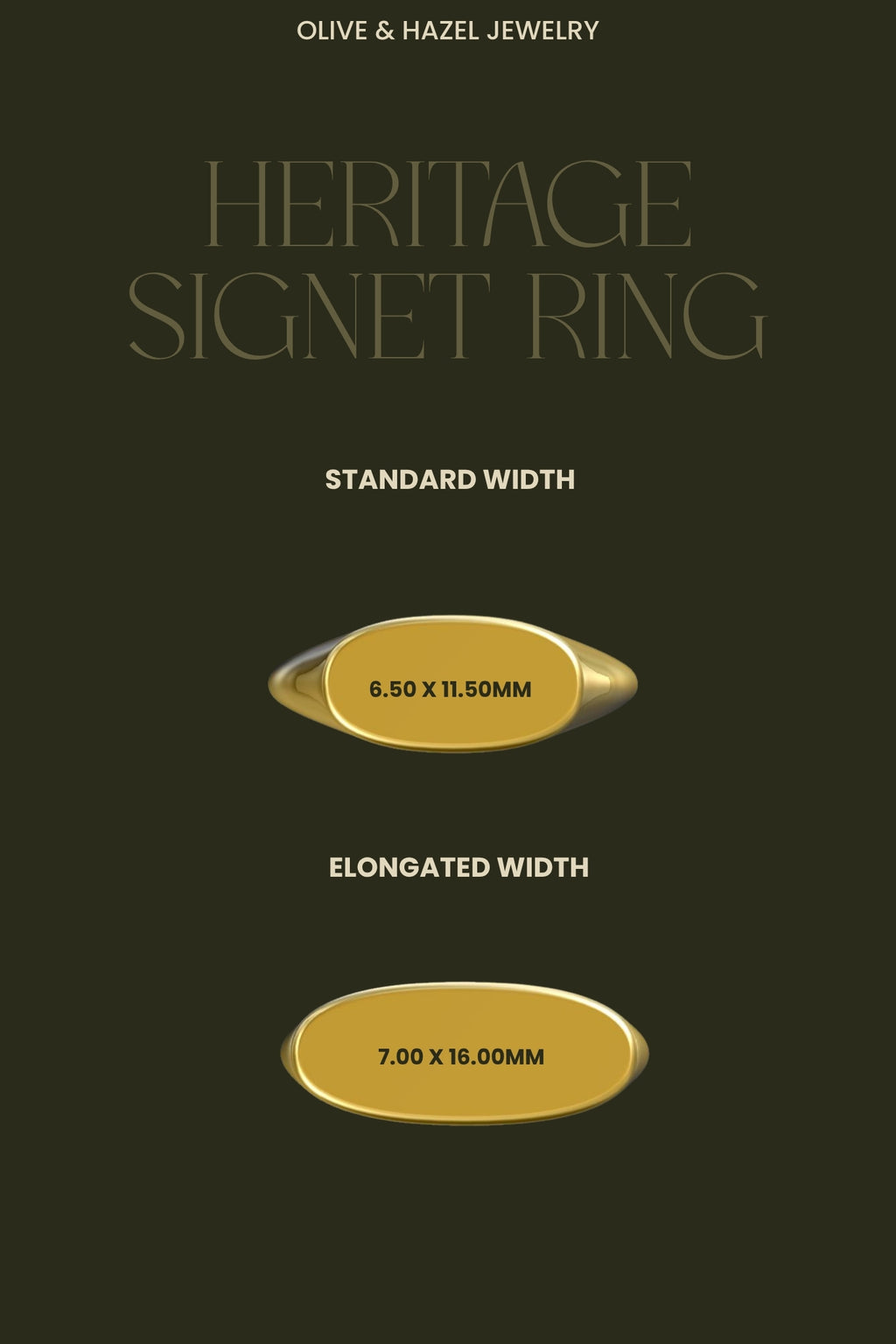 Heritage Signet Ring, showing two gold-colored oval ring profiles labeled for standard width and elongated width