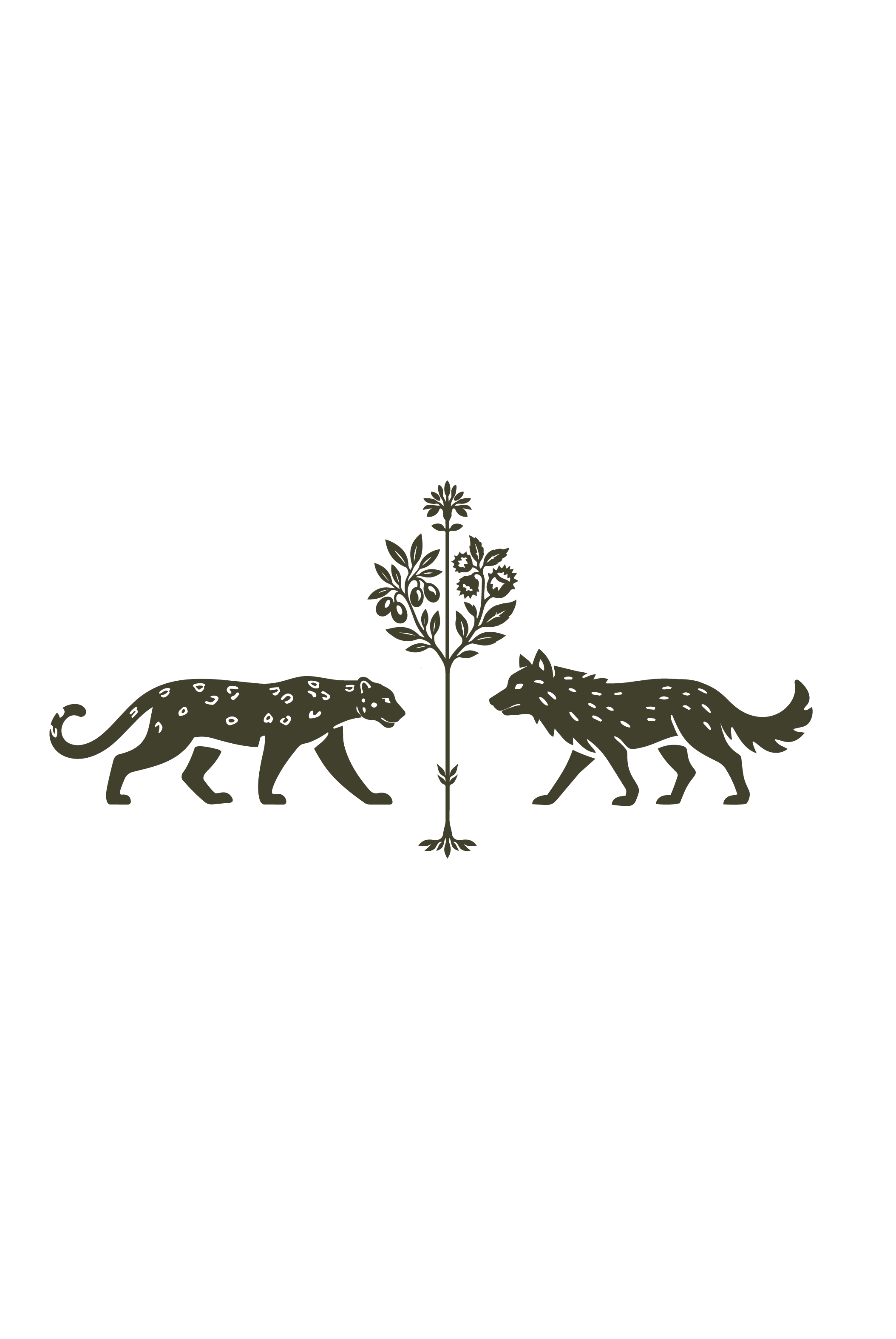 A leopard and a wolf facing one another with a central plant between them on a white background